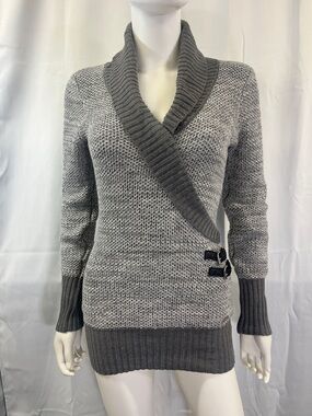 Guess Gray Shawl-Collar Wrap Cardigan with Buckle Accents